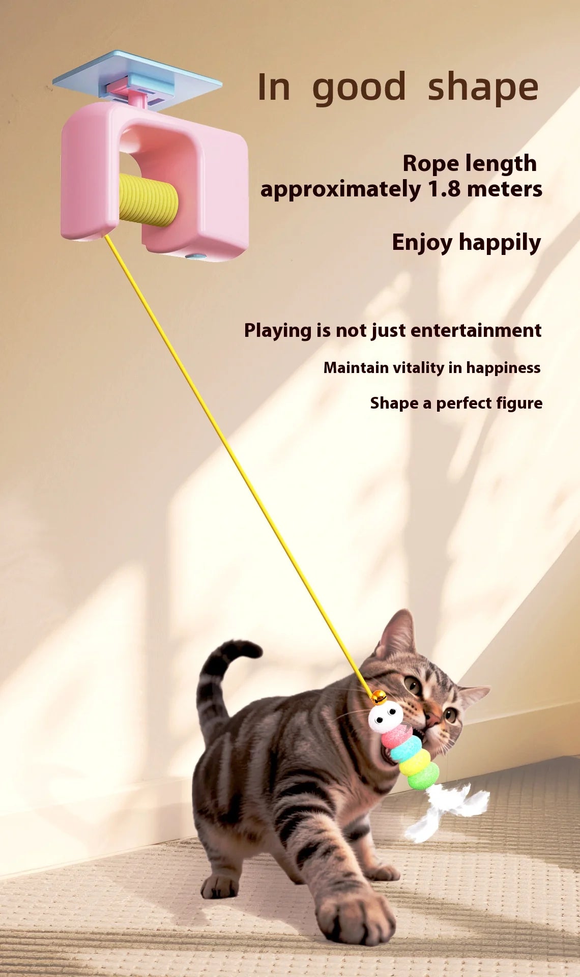 🇫🇷 Jouet suspendu électrique pour chat – Teaser à plume en forme de serpillière avec grelot, ressort et fixation pour jeu interactif 🇬🇧 Electric Hanging Cat Teaser Toy – Mop-Shaped Feather Bell with Spring & Swinging Motion for Kittens
