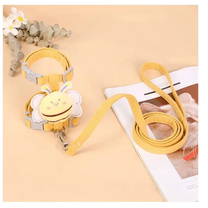 🇫🇷 Harnais + laisse + collier pour chat – Ensemble réglable motif abeille, double épaisseur, idéal pour chiens/chats de petite à moyenne taille 🇬🇧 Cat Harness Leash Collar Set – Adjustable Bee Design, Double Layer for Small & Medium Pets, Outdoor Walking