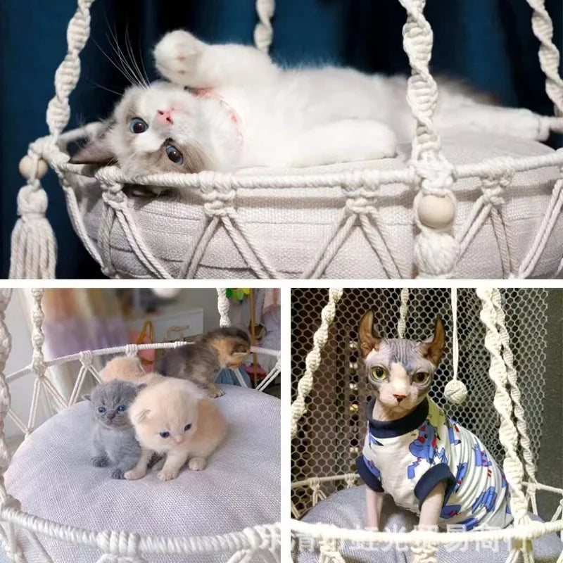 🇫🇷 Hamac suspendu pour chat en corde de coton tressée – Nid douillet bohème à accrocher 🇬🇧 Handwoven Cotton Rope Cat Hammock – Boho Hanging Cozy Nest for Cats