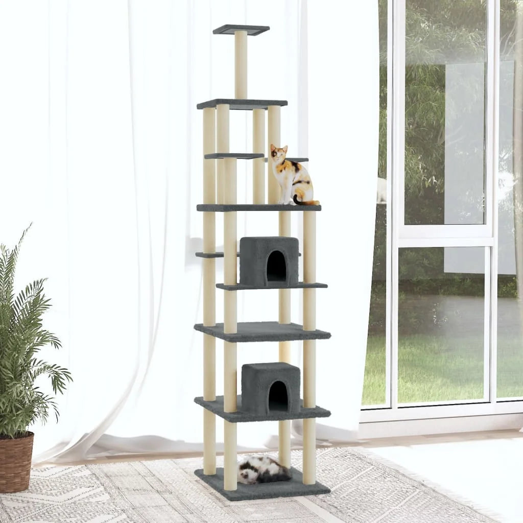 🇫🇷 Arbre à chat 216 cm gris foncé – Avec poteaux en sisal pour griffer, plates-formes et zones de repos  🇬🇧 Cat Tree 216 cm Dark Grey – With sisal scratching posts, platforms & resting spots