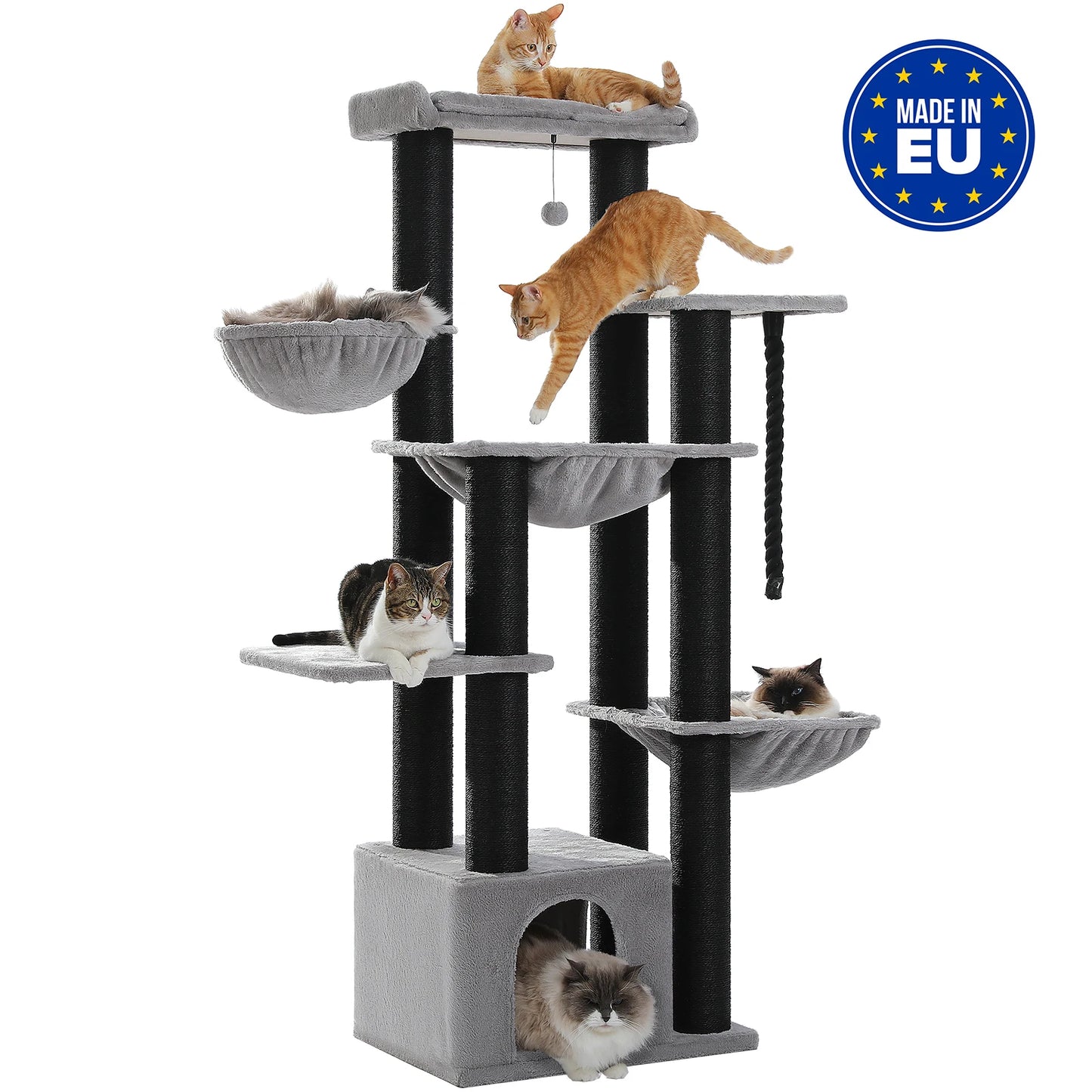 🇫🇷 Français : Grand arbre à chat pour grands chats – Tour robuste avec plusieurs niveaux, maison, hamac et 11 poteaux en sisal  🇬🇧 English : Big Cat Tree for Large Cats – Sturdy Tower with Multiple Levels, House, Hammock & 11 Sisal Posts