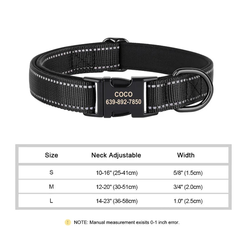 🇫🇷 Collier pour chien réfléchissant et personnalisé – Nylon gravé avec ID, rembourré et réglable pour petits, moyens et grands chiens  🇬🇧 Reflective Personalized Dog Collar – Engraved ID Nylon, Soft Padded & Adjustable for Small, Medium & Large Dogs