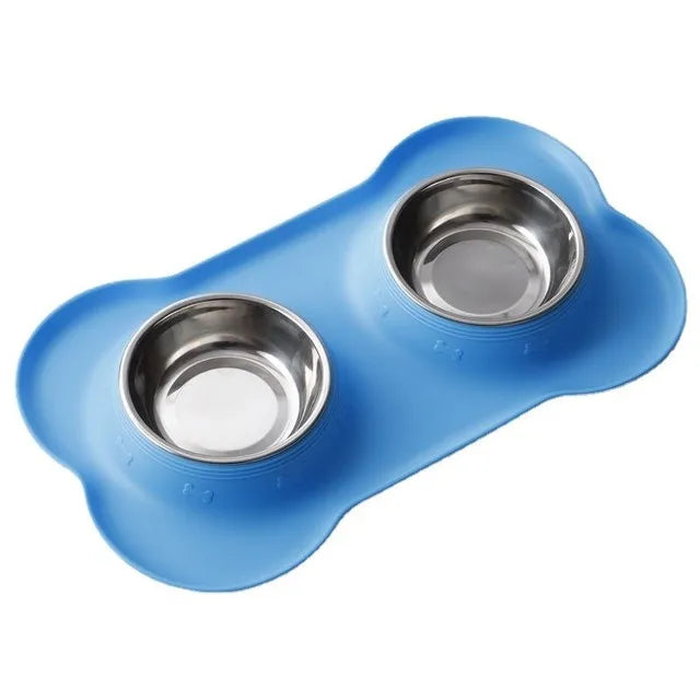 🇫🇷 Gamelle double antidérapante avec tapis en silicone – Bols en acier inoxydable pour l’eau et la nourriture de vos chiens & chats | 🇬🇧 Antislip Double Dog Bowl with Silicone Mat – Durable Stainless Steel Food & Water Feeder for Dogs & Cats