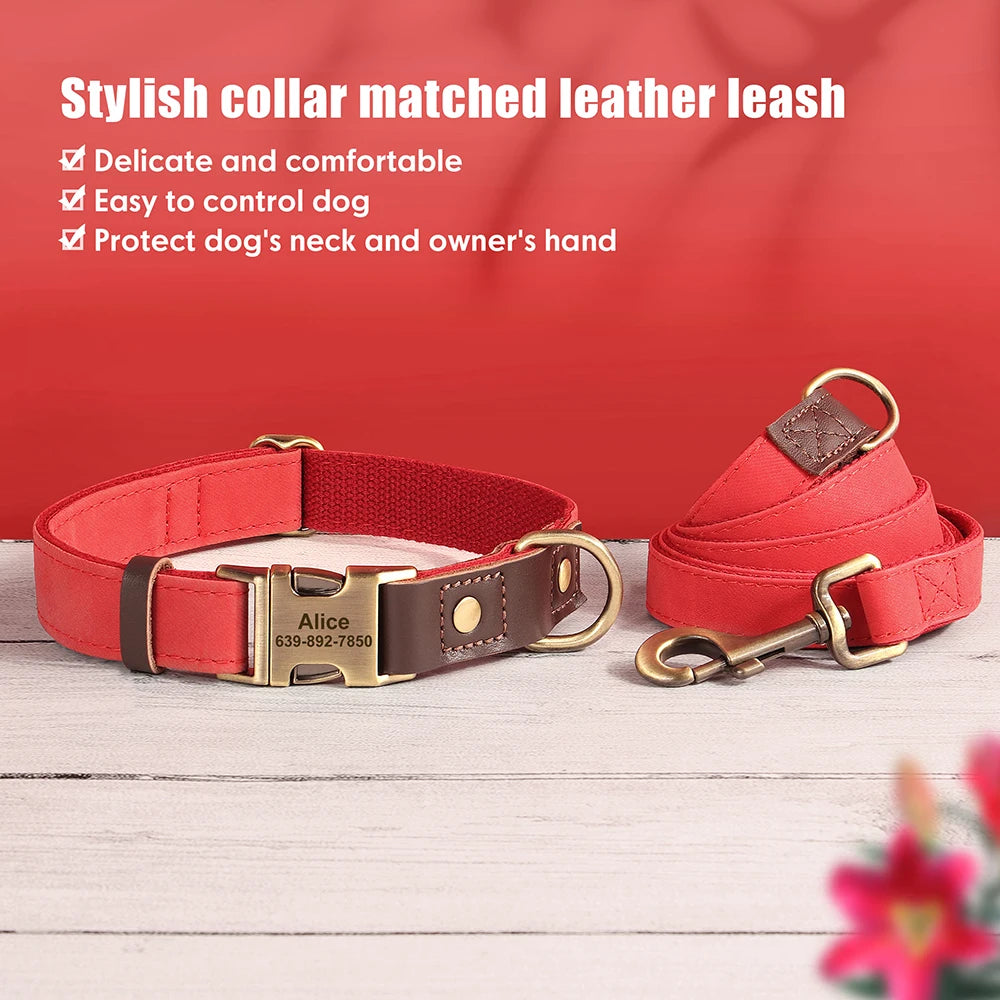 🇫🇷 Collier & laisse personnalisés en cuir PU, médaille gravée offerte. Pour petits & grands chiens (ex : carlin, labrador). 🇬🇧 PU leather custom collar & leash with free engraved tag. For small & large dogs (e.g. pug, labrador).