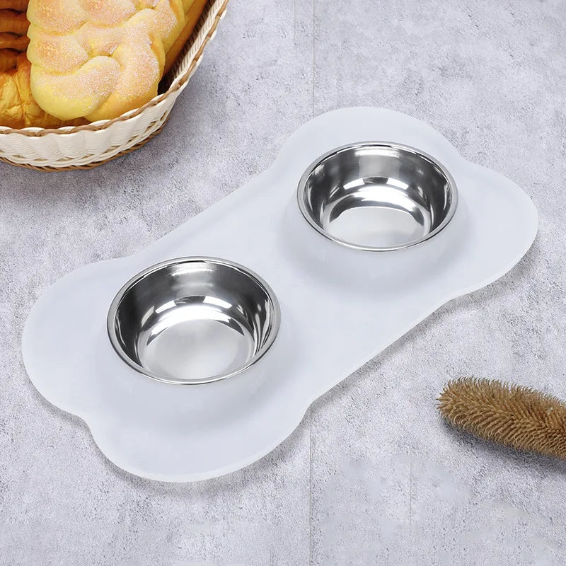 🇫🇷 Gamelle double antidérapante avec tapis en silicone – Bols en acier inoxydable pour l’eau et la nourriture de vos chiens & chats | 🇬🇧 Antislip Double Dog Bowl with Silicone Mat – Durable Stainless Steel Food & Water Feeder for Dogs & Cats