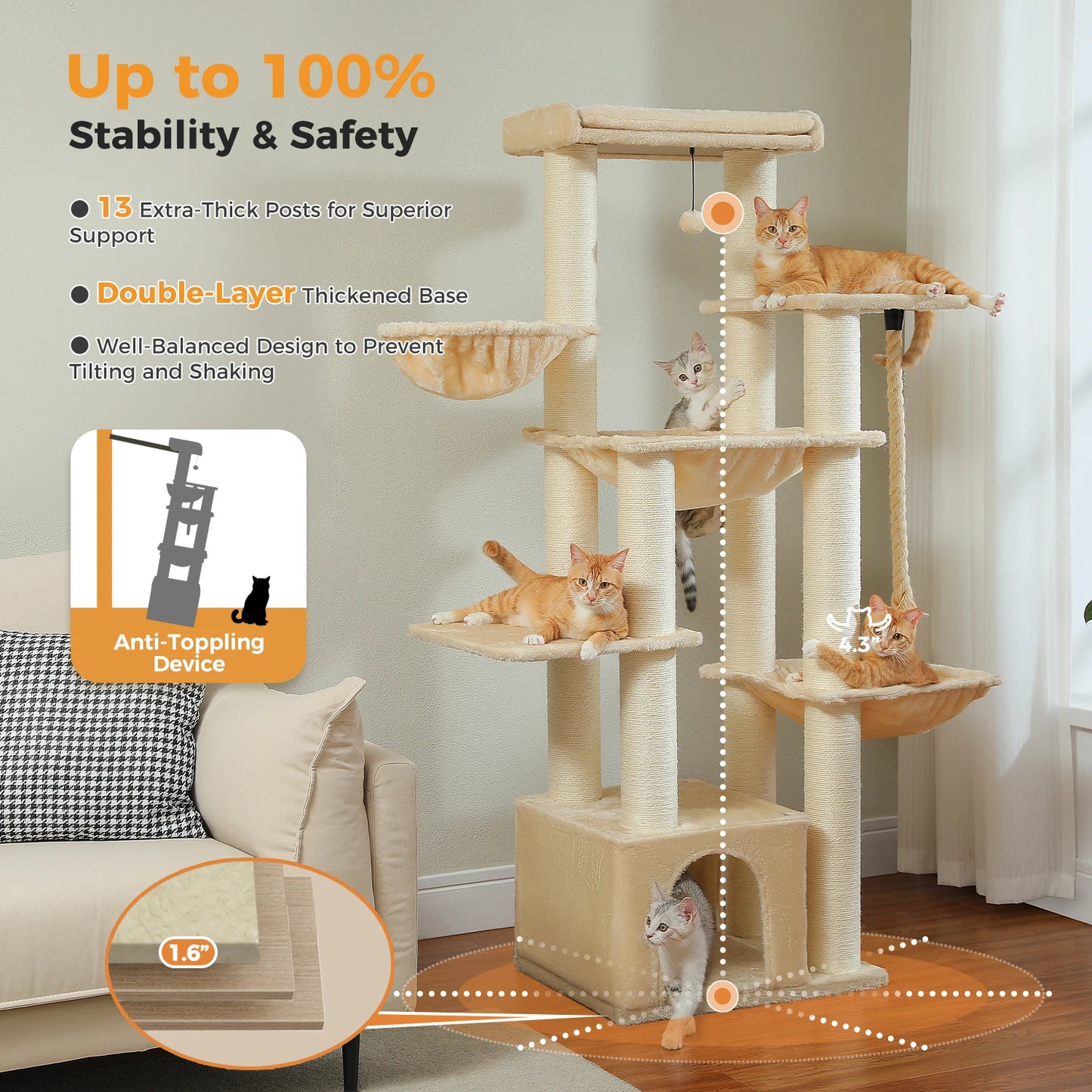🇫🇷 Français : Grand arbre à chat pour grands chats – Tour robuste avec plusieurs niveaux, maison, hamac et 11 poteaux en sisal  🇬🇧 English : Big Cat Tree for Large Cats – Sturdy Tower with Multiple Levels, House, Hammock & 11 Sisal Posts