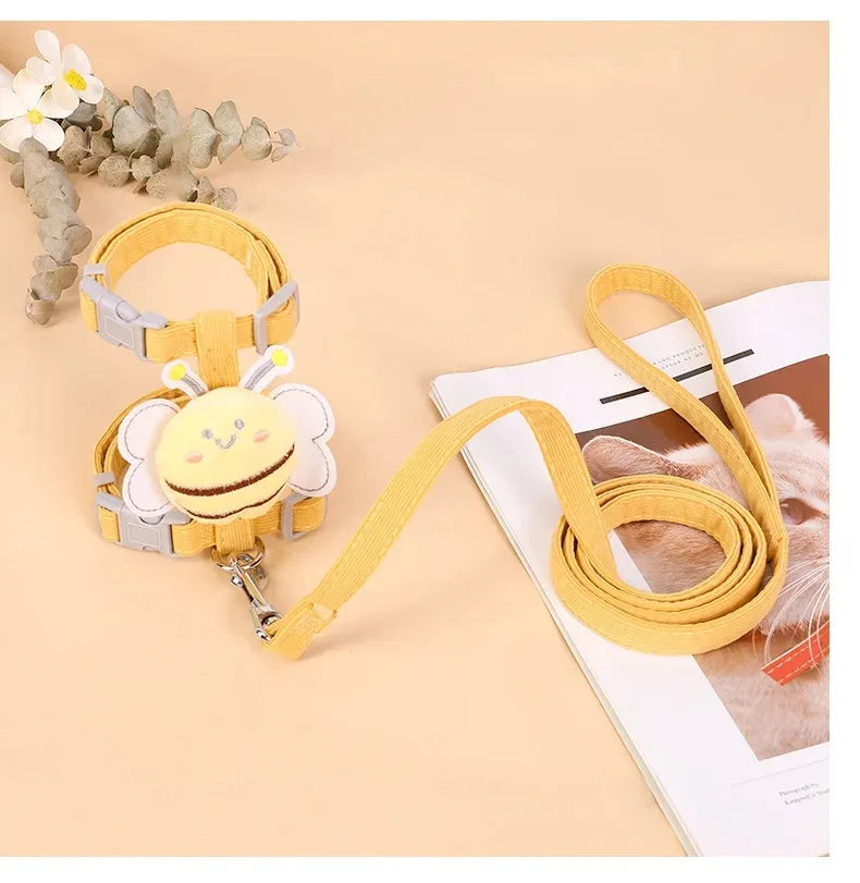 🇫🇷 Harnais + laisse + collier pour chat – Ensemble réglable motif abeille, double épaisseur, idéal pour chiens/chats de petite à moyenne taille 🇬🇧 Cat Harness Leash Collar Set – Adjustable Bee Design, Double Layer for Small & Medium Pets, Outdoor Walking