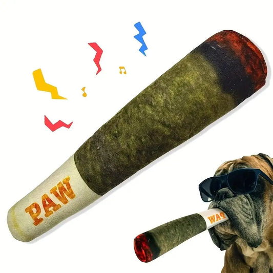 🇫🇷 Jouet cigare interactif pour chien – Peluche résistante avec couineur, idéal petits chiens, mâchage et jeu prolongé. 🇬🇧 Interactive cigar dog toy – Durable squeaky plush for small dogs, perfect for chewing and long play sessions.