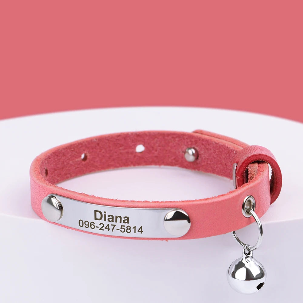 🇫🇷 Collier pour chat en cuir réglable – Personnalisé avec nom gravé, anti-perte, pour chatons et petits chiens  🇬🇧 Personalized Leather Cat Collar – Adjustable, engraved name, anti-lost, for kittens & small dogs