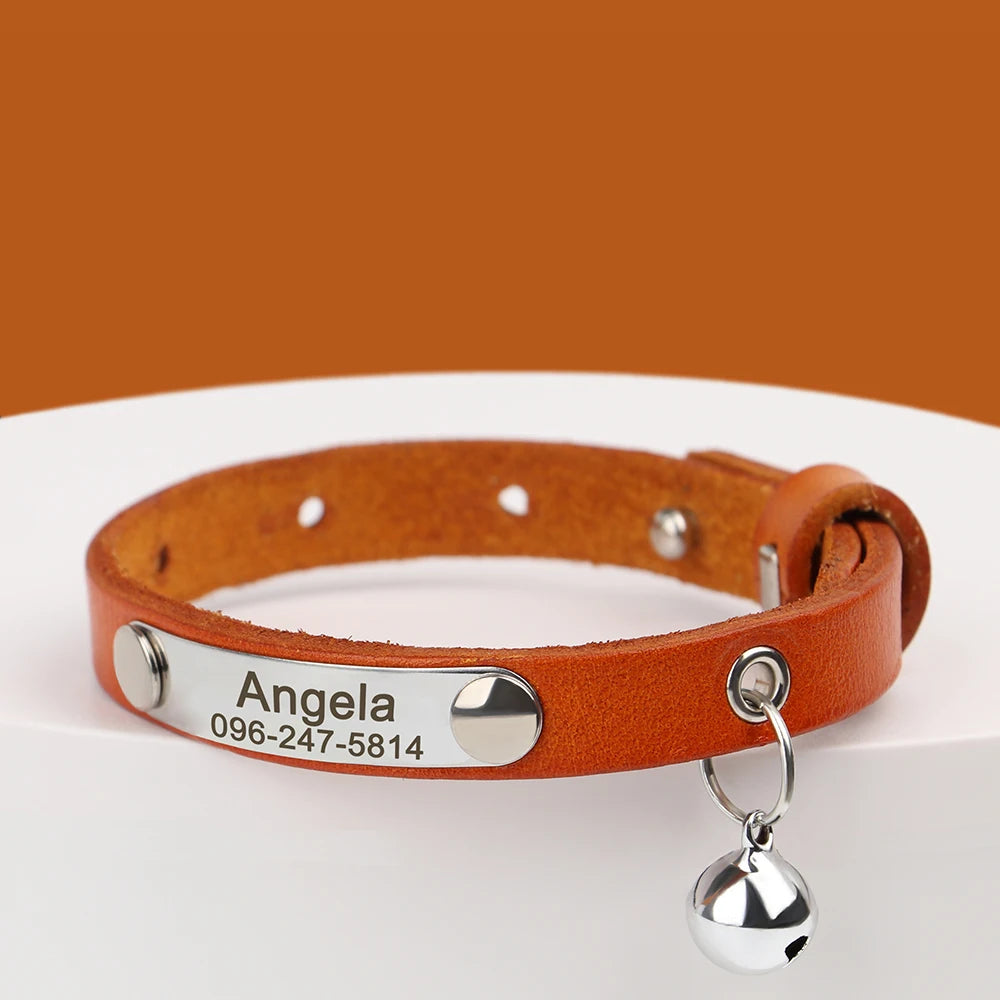 🇫🇷 Collier pour chat en cuir réglable – Personnalisé avec nom gravé, anti-perte, pour chatons et petits chiens  🇬🇧 Personalized Leather Cat Collar – Adjustable, engraved name, anti-lost, for kittens & small dogs