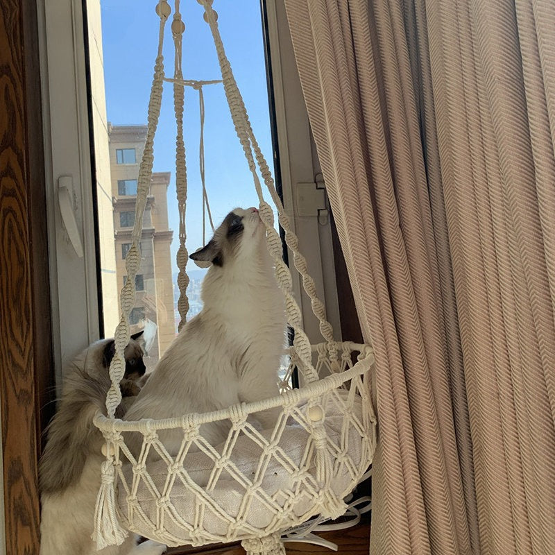 🇫🇷 Hamac suspendu pour chat en corde de coton tressée – Nid douillet bohème à accrocher 🇬🇧 Handwoven Cotton Rope Cat Hammock – Boho Hanging Cozy Nest for Cats