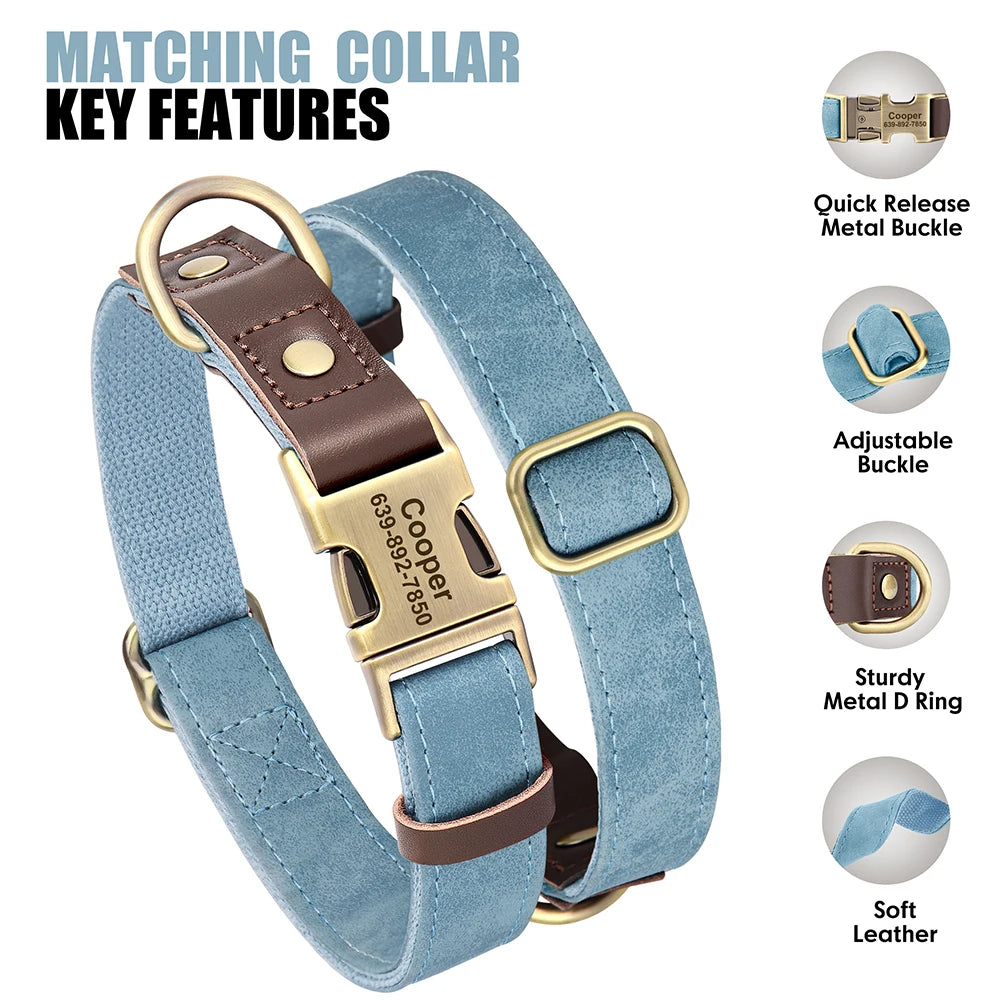 🇫🇷 Collier & laisse personnalisés en cuir PU, médaille gravée offerte. Pour petits & grands chiens (ex : carlin, labrador). 🇬🇧 PU leather custom collar & leash with free engraved tag. For small & large dogs (e.g. pug, labrador).