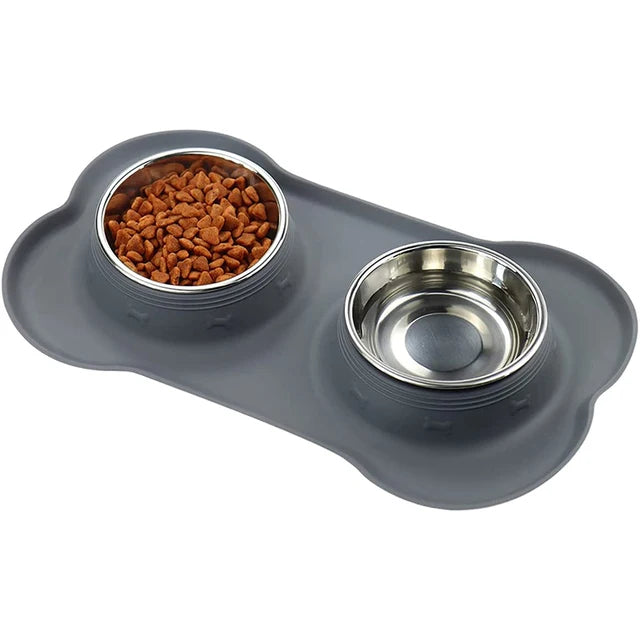 🇫🇷 Gamelle double antidérapante avec tapis en silicone – Bols en acier inoxydable pour l’eau et la nourriture de vos chiens & chats | 🇬🇧 Antislip Double Dog Bowl with Silicone Mat – Durable Stainless Steel Food & Water Feeder for Dogs & Cats