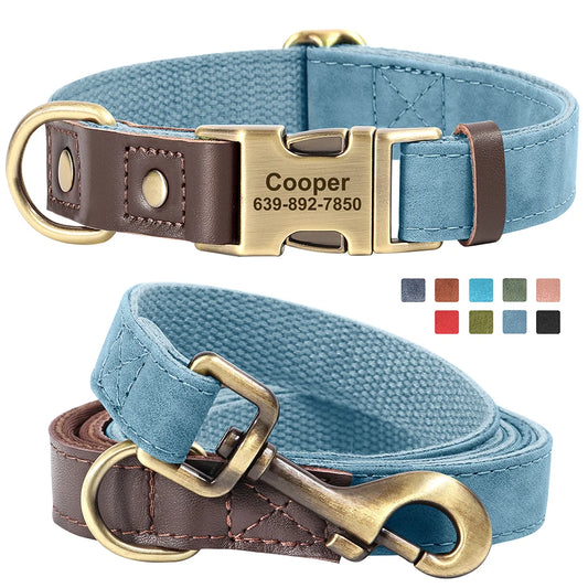 🇫🇷 Collier & laisse personnalisés en cuir PU, médaille gravée offerte. Pour petits & grands chiens (ex : carlin, labrador). 🇬🇧 PU leather custom collar & leash with free engraved tag. For small & large dogs (e.g. pug, labrador).