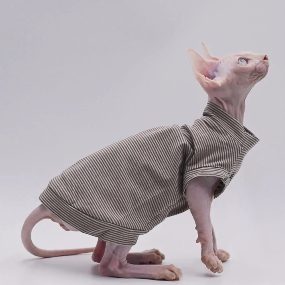 🇫🇷 Gilet en Coton pour Chat Sphynx – Rayures Marron, Manches Courtes, Vêtement Doux pour Devon Rex & Chatons (Printemps/Été) | 🇬🇧 Fashion Cotton Vest for Sphynx Cat – Brown Stripes, Short Sleeves Soft Coat for Devon Rex & Kittens (Spring/Summer)
