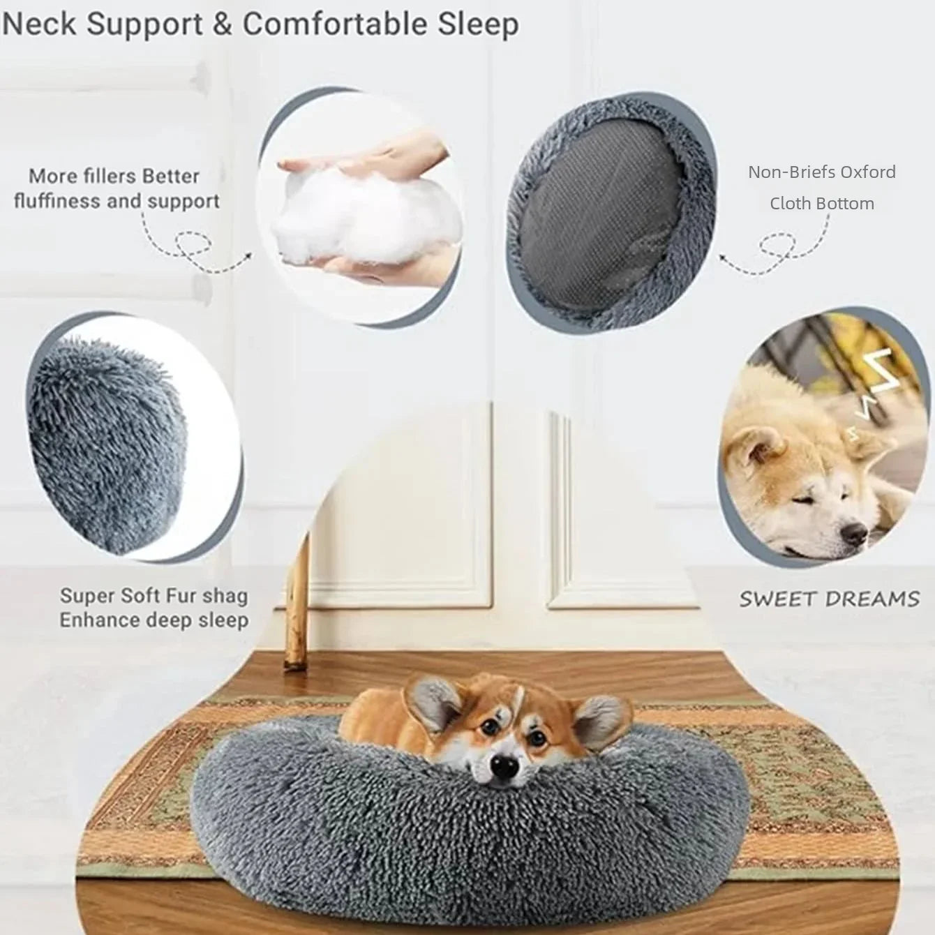 🇫🇷 Lit rond pour chiens & chats (40-90 cm) – Panier ultra doux en peluche longue, couchage chaud pour petits, moyens & grands animaux | 🇬🇧 Round Pet Bed (40-90cm) – Super Soft Long Plush Dog & Cat Bed, Warm Winter Sleeping Nest