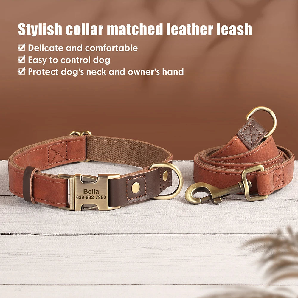 🇫🇷 Collier & laisse personnalisés en cuir PU, médaille gravée offerte. Pour petits & grands chiens (ex : carlin, labrador). 🇬🇧 PU leather custom collar & leash with free engraved tag. For small & large dogs (e.g. pug, labrador).