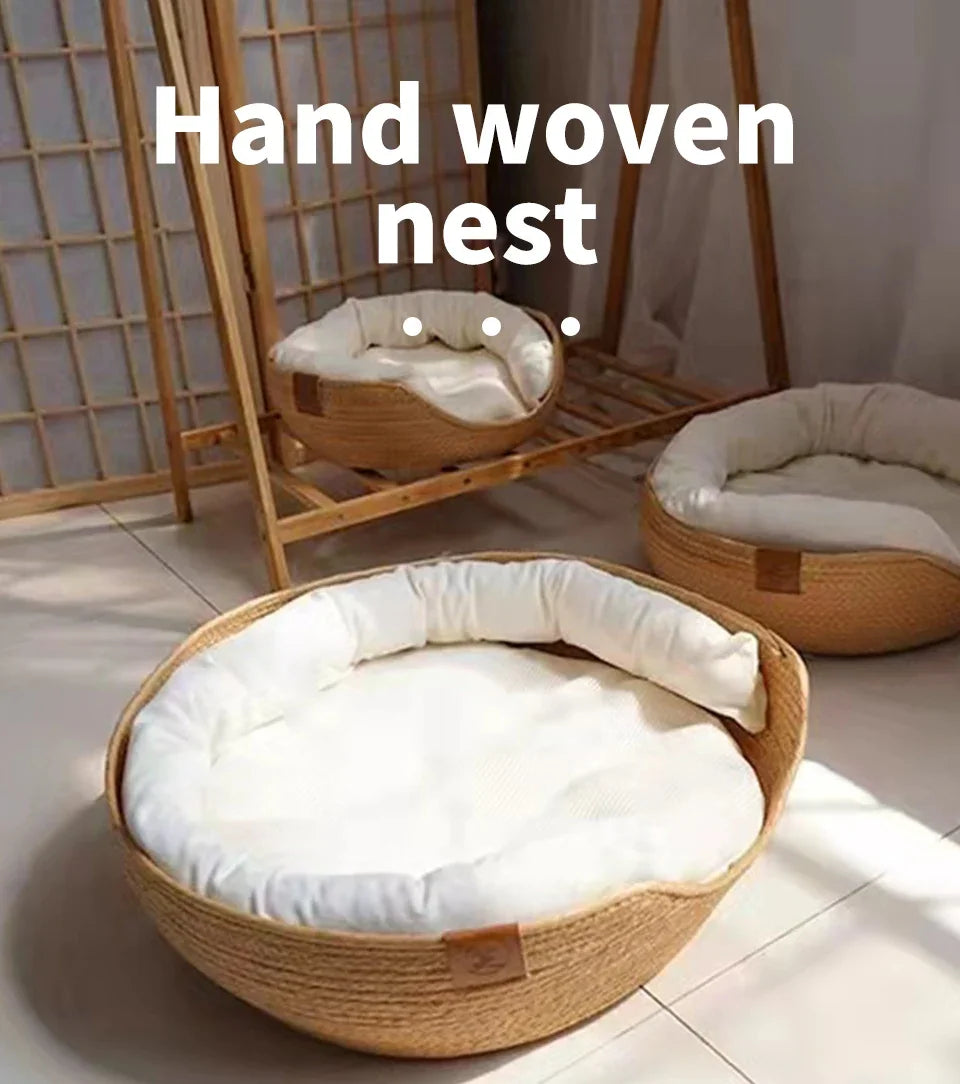 🇫🇷 Panier rond d’été en paille tressée pour chien et chat – Amovible, confortable, idéal pour un sommeil profond. 🇬🇧 Summer round straw woven bed for dogs & cats – Detachable, cozy, perfect for deep sleep.