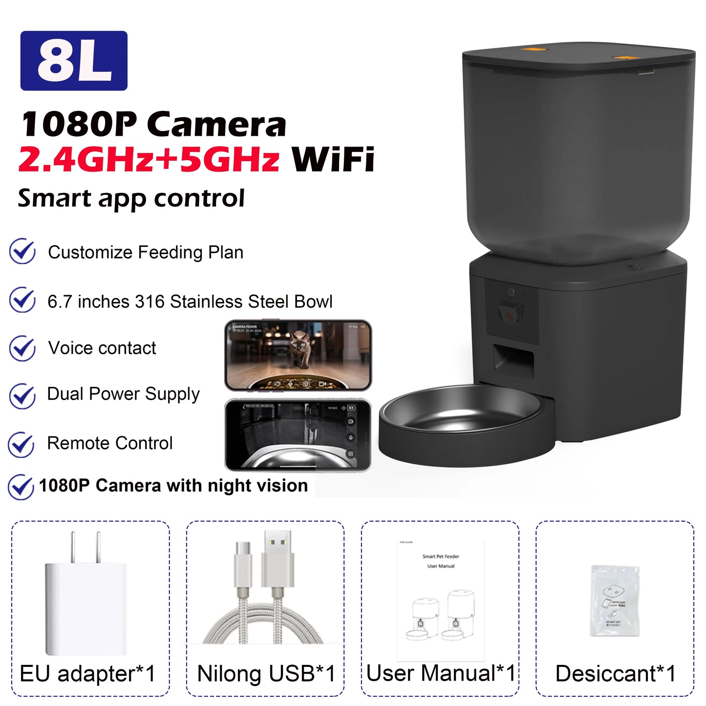 🇫🇷 Distributeur automatique pour chat 8L – Avec caméra 1080p, WiFi 5G, enregistreur vocal et application Tuya  🇬🇧 8L Automatic Cat Feeder – With 1080p camera, 5G WiFi, voice recorder and Tuya app