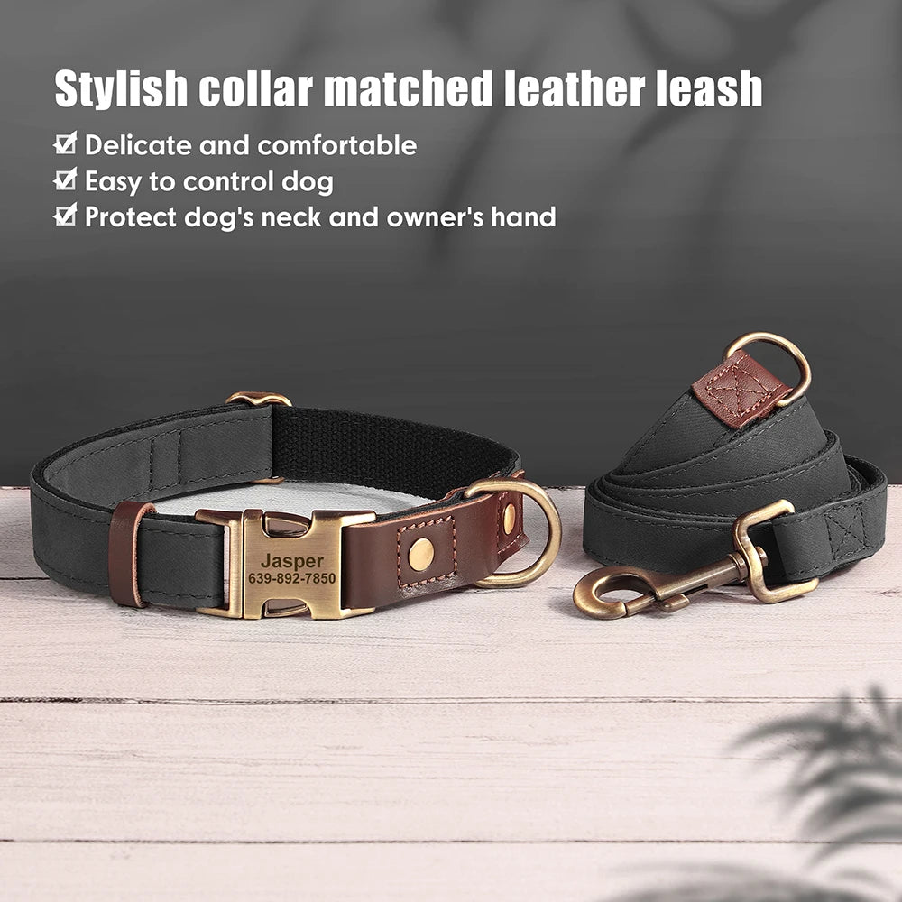 🇫🇷 Collier & laisse personnalisés en cuir PU, médaille gravée offerte. Pour petits & grands chiens (ex : carlin, labrador). 🇬🇧 PU leather custom collar & leash with free engraved tag. For small & large dogs (e.g. pug, labrador).