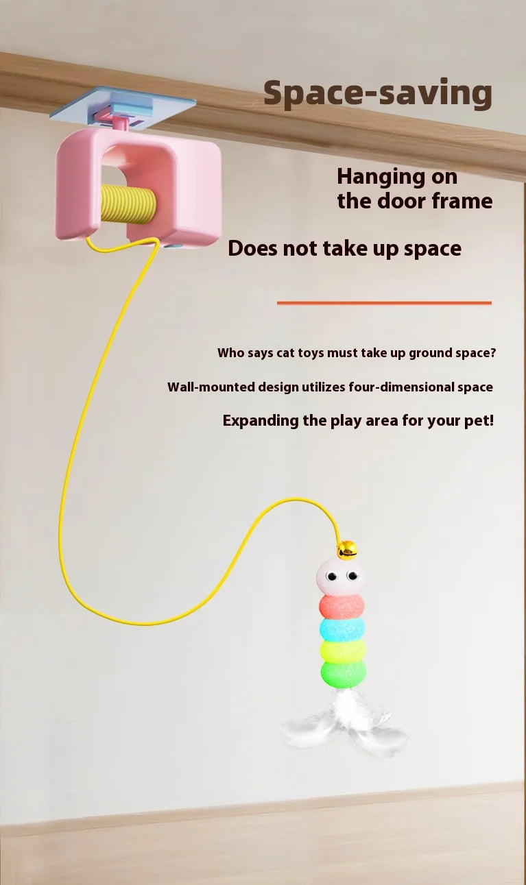 🇫🇷 Jouet suspendu électrique pour chat – Teaser à plume en forme de serpillière avec grelot, ressort et fixation pour jeu interactif 🇬🇧 Electric Hanging Cat Teaser Toy – Mop-Shaped Feather Bell with Spring & Swinging Motion for Kittens