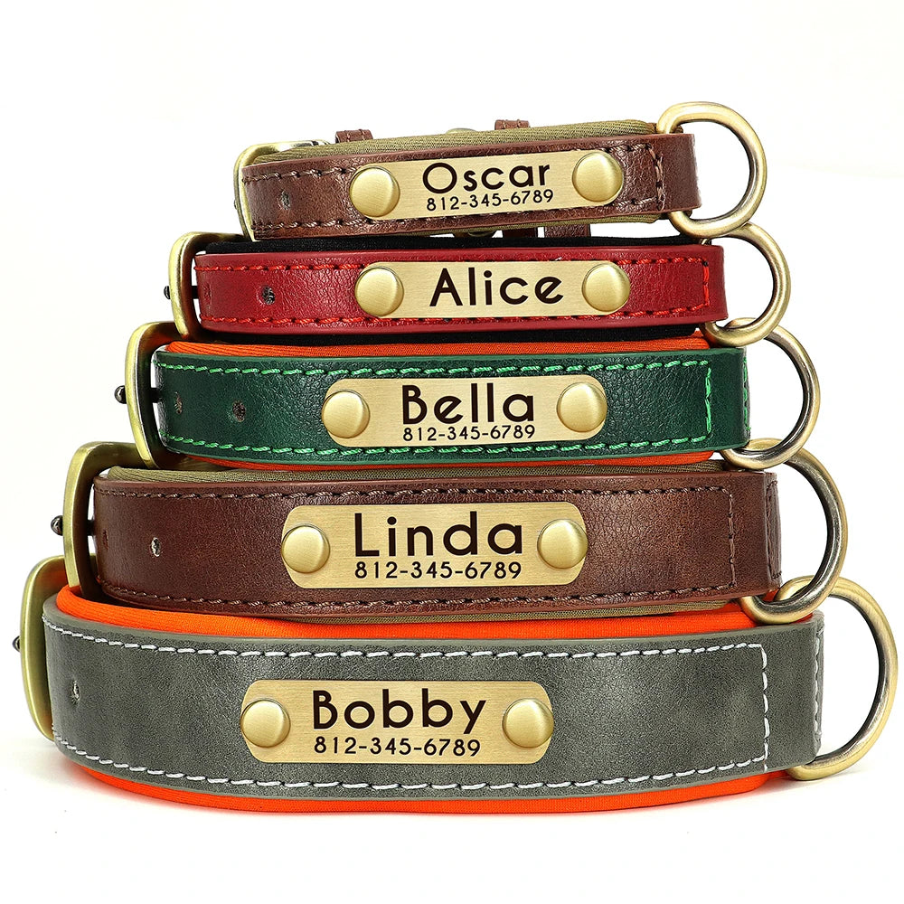 🇫🇷 Collier pour chien en cuir PU personnalisé – Doublure rembourrée, gravure gratuite du nom, réglable pour petits, moyens et grands chiens  🇬🇧 Customized PU Leather Dog Collar – Soft padded, free name engraving, adjustable for small, medium & large dogs