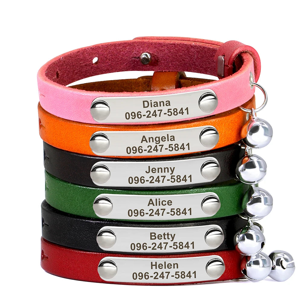 🇫🇷 Collier pour chat en cuir réglable – Personnalisé avec nom gravé, anti-perte, pour chatons et petits chiens  🇬🇧 Personalized Leather Cat Collar – Adjustable, engraved name, anti-lost, for kittens & small dogs