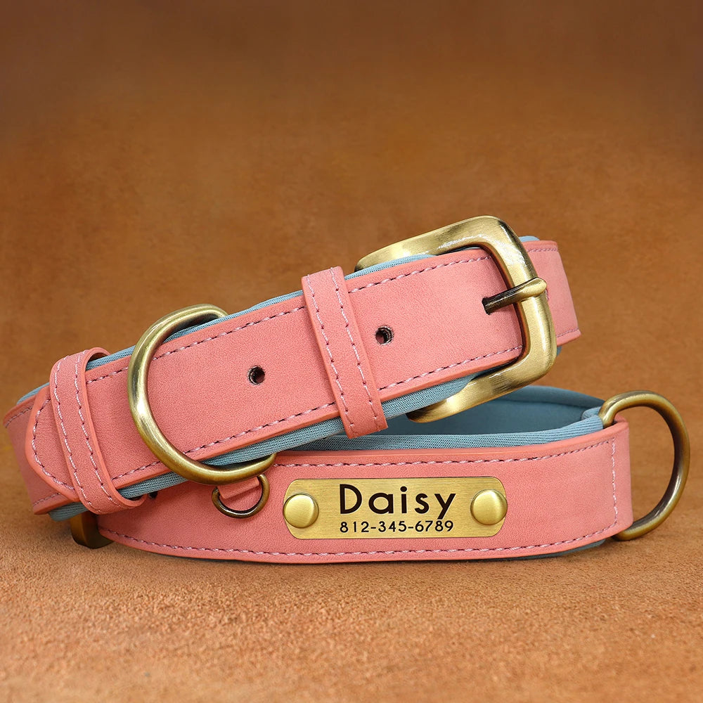 🇫🇷 Collier pour chien en cuir PU personnalisé – Doublure rembourrée, gravure gratuite du nom, réglable pour petits, moyens et grands chiens  🇬🇧 Customized PU Leather Dog Collar – Soft padded, free name engraving, adjustable for small, medium & large dogs