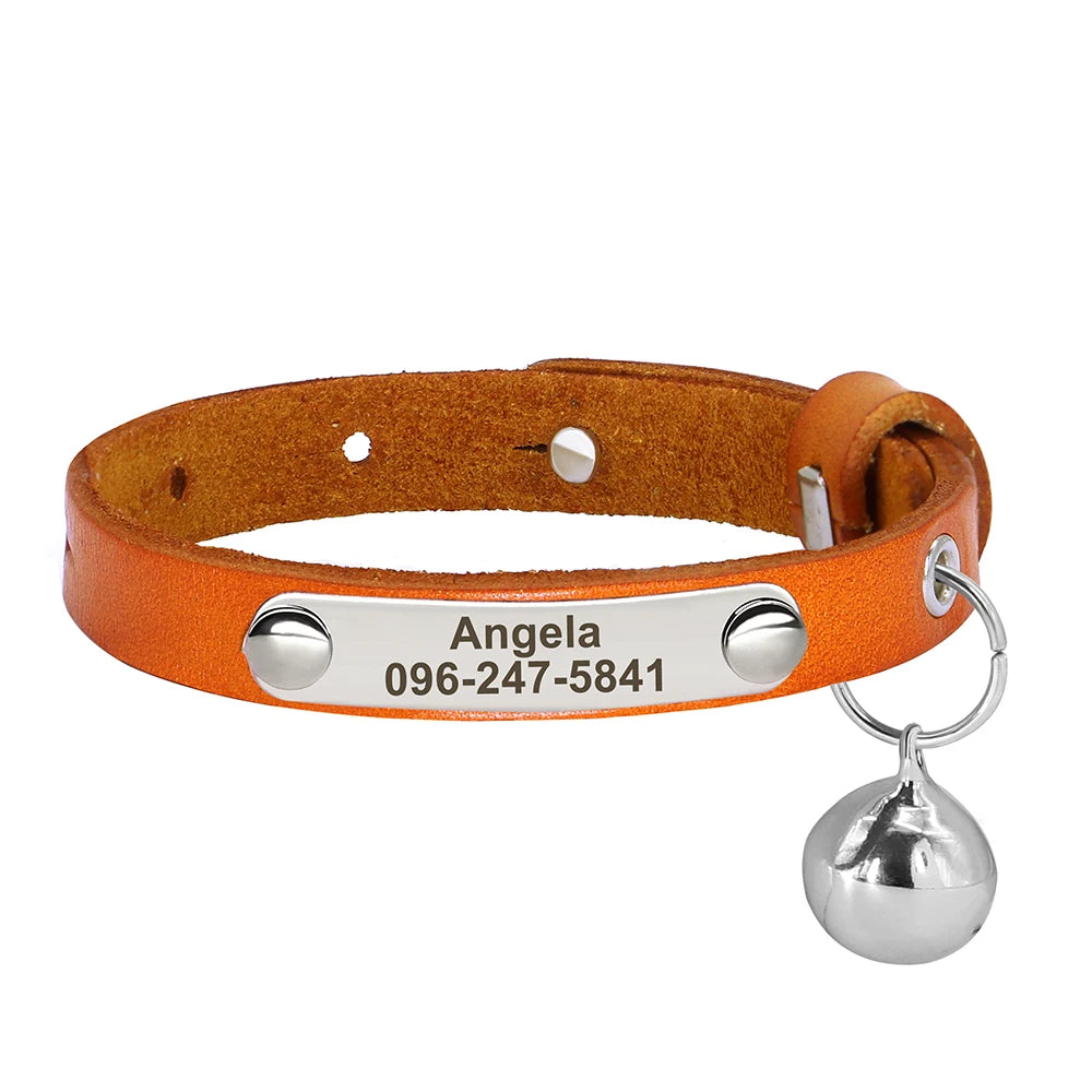🇫🇷 Collier pour chat en cuir réglable – Personnalisé avec nom gravé, anti-perte, pour chatons et petits chiens  🇬🇧 Personalized Leather Cat Collar – Adjustable, engraved name, anti-lost, for kittens & small dogs