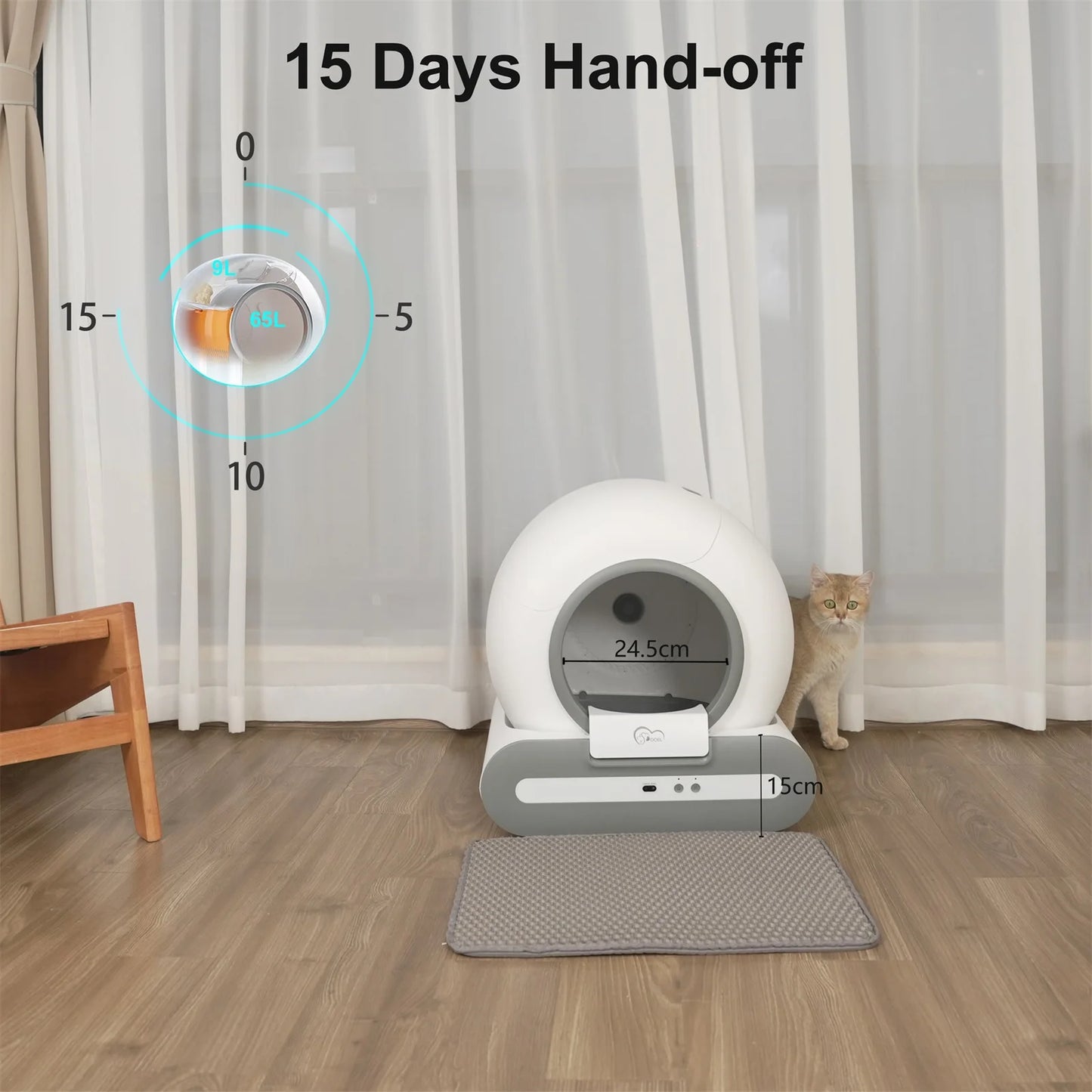 🇫🇷 DOEL – Litière automatique autonettoyante pour chat avec contrôle via application & tapis inclus. Idéale pour plusieurs grands chats. 🇬🇧 DOEL – Automatic self-cleaning cat litter box with app control & mat, perfect for multi-cat households.