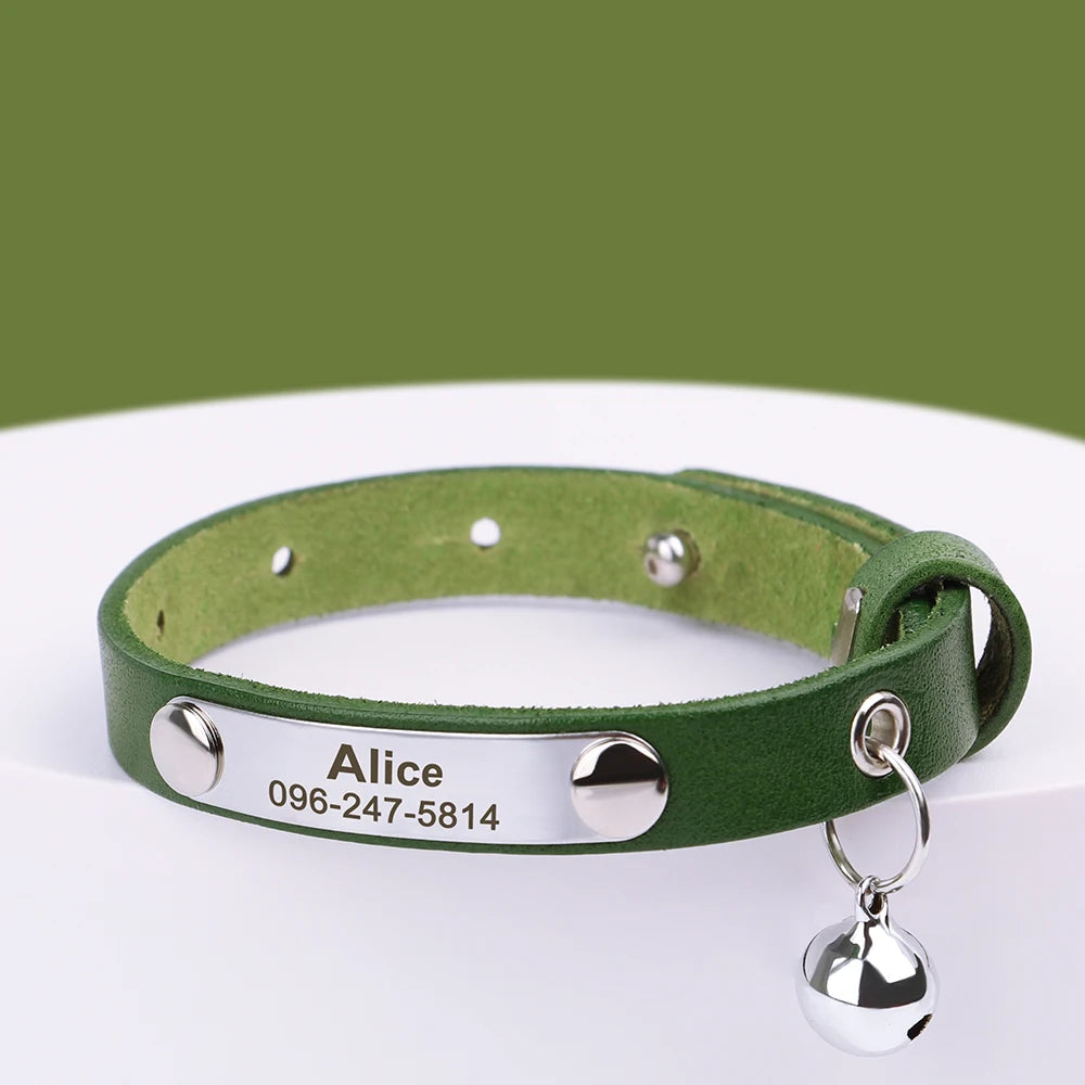 🇫🇷 Collier pour chat en cuir réglable – Personnalisé avec nom gravé, anti-perte, pour chatons et petits chiens  🇬🇧 Personalized Leather Cat Collar – Adjustable, engraved name, anti-lost, for kittens & small dogs