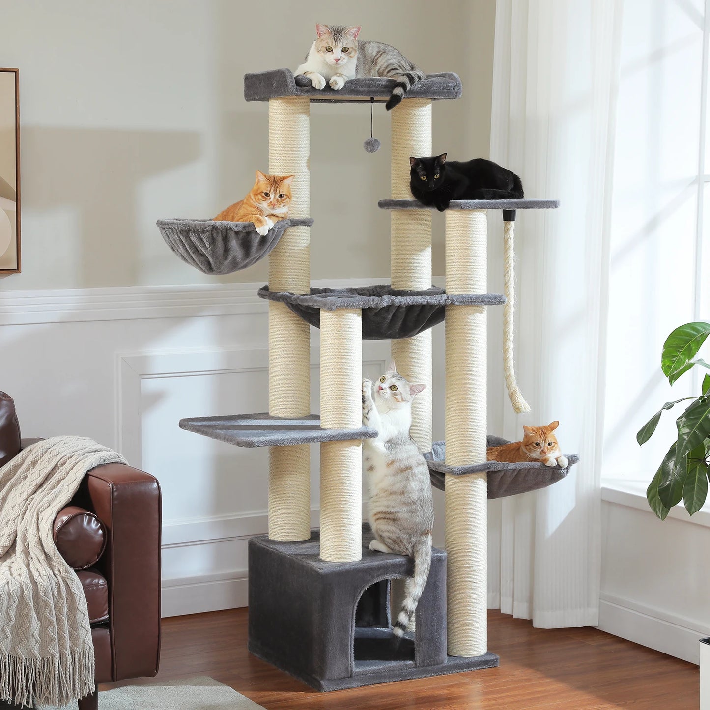 🇫🇷 Français : Grand arbre à chat pour grands chats – Tour robuste avec plusieurs niveaux, maison, hamac et 11 poteaux en sisal  🇬🇧 English : Big Cat Tree for Large Cats – Sturdy Tower with Multiple Levels, House, Hammock & 11 Sisal Posts