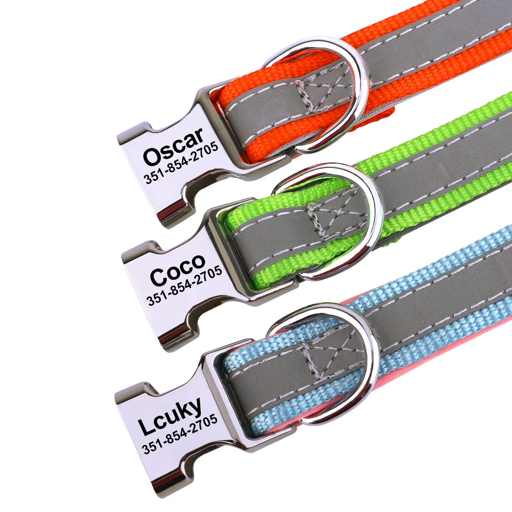 🇫🇷 Collier pour chien réfléchissant et personnalisé – Nylon gravé avec ID, rembourré et réglable pour petits, moyens et grands chiens  🇬🇧 Reflective Personalized Dog Collar – Engraved ID Nylon, Soft Padded & Adjustable for Small, Medium & Large Dogs