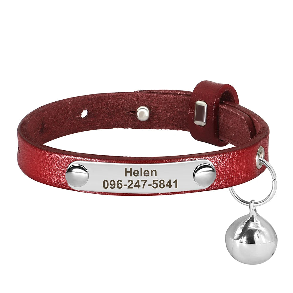 🇫🇷 Collier pour chat en cuir réglable – Personnalisé avec nom gravé, anti-perte, pour chatons et petits chiens  🇬🇧 Personalized Leather Cat Collar – Adjustable, engraved name, anti-lost, for kittens & small dogs