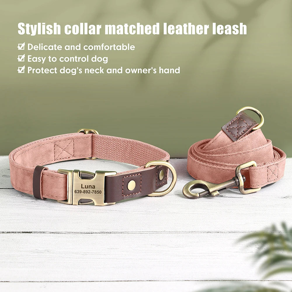 🇫🇷 Collier & laisse personnalisés en cuir PU, médaille gravée offerte. Pour petits & grands chiens (ex : carlin, labrador). 🇬🇧 PU leather custom collar & leash with free engraved tag. For small & large dogs (e.g. pug, labrador).
