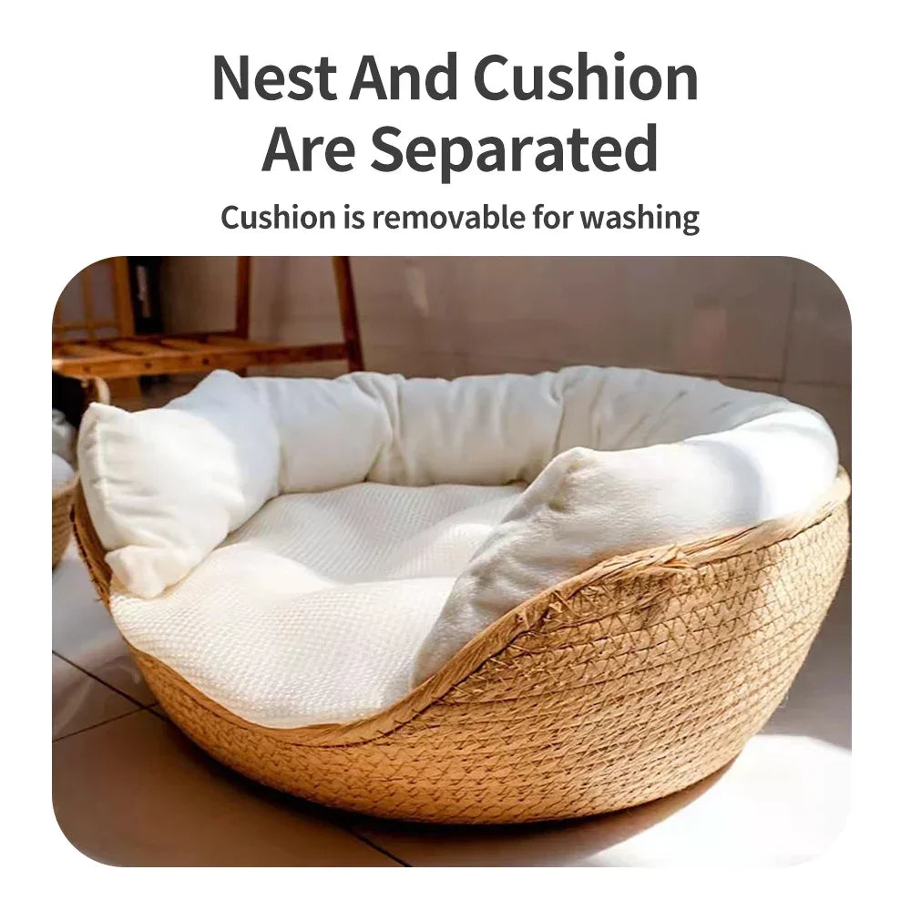 🇫🇷 Panier rond d’été en paille tressée pour chien et chat – Amovible, confortable, idéal pour un sommeil profond. 🇬🇧 Summer round straw woven bed for dogs & cats – Detachable, cozy, perfect for deep sleep.