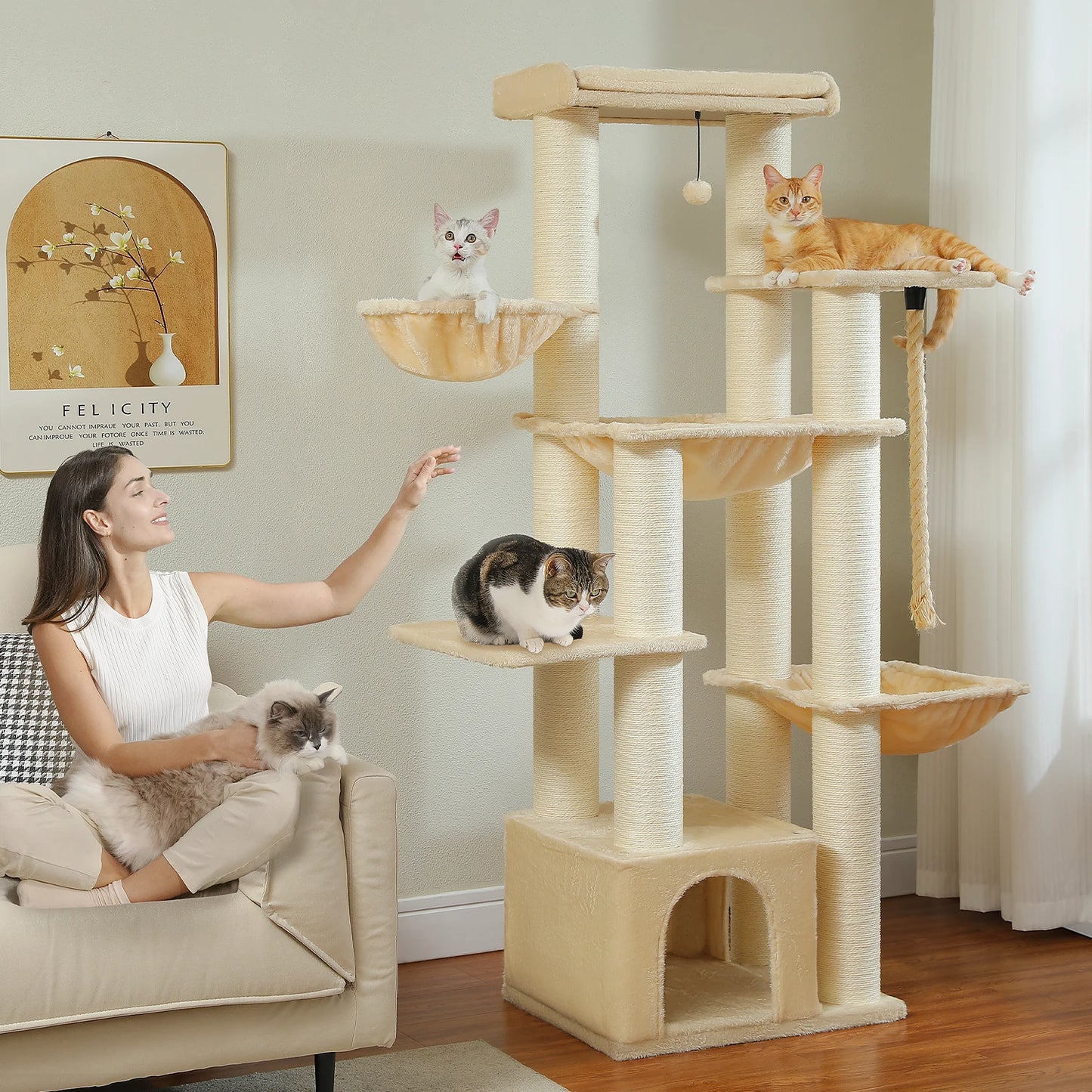 🇫🇷 Français : Grand arbre à chat pour grands chats – Tour robuste avec plusieurs niveaux, maison, hamac et 11 poteaux en sisal  🇬🇧 English : Big Cat Tree for Large Cats – Sturdy Tower with Multiple Levels, House, Hammock & 11 Sisal Posts