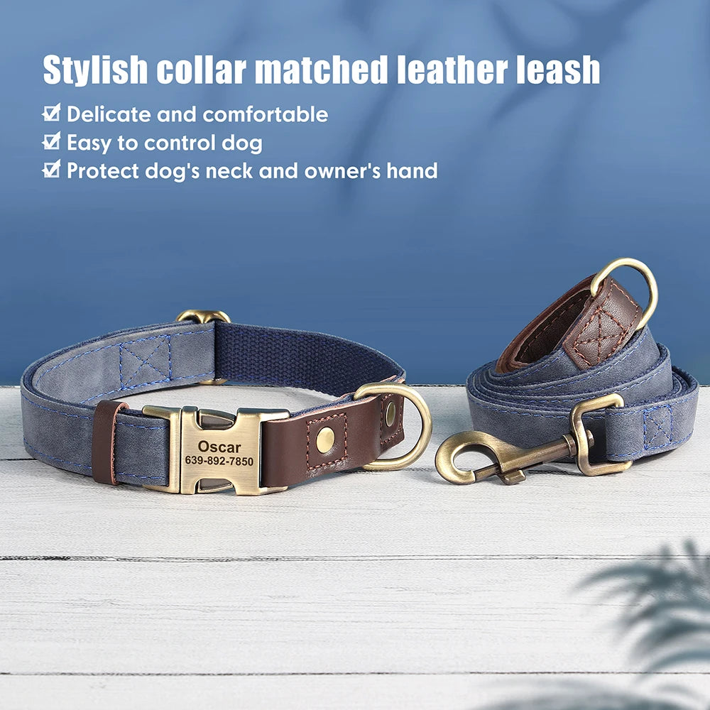🇫🇷 Collier & laisse personnalisés en cuir PU, médaille gravée offerte. Pour petits & grands chiens (ex : carlin, labrador). 🇬🇧 PU leather custom collar & leash with free engraved tag. For small & large dogs (e.g. pug, labrador).