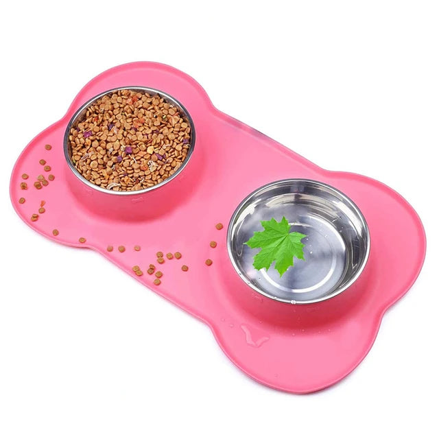 🇫🇷 Gamelle double antidérapante avec tapis en silicone – Bols en acier inoxydable pour l’eau et la nourriture de vos chiens & chats | 🇬🇧 Antislip Double Dog Bowl with Silicone Mat – Durable Stainless Steel Food & Water Feeder for Dogs & Cats