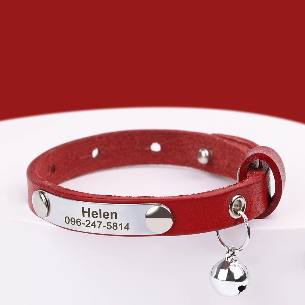 🇫🇷 Collier pour chat en cuir réglable – Personnalisé avec nom gravé, anti-perte, pour chatons et petits chiens  🇬🇧 Personalized Leather Cat Collar – Adjustable, engraved name, anti-lost, for kittens & small dogs