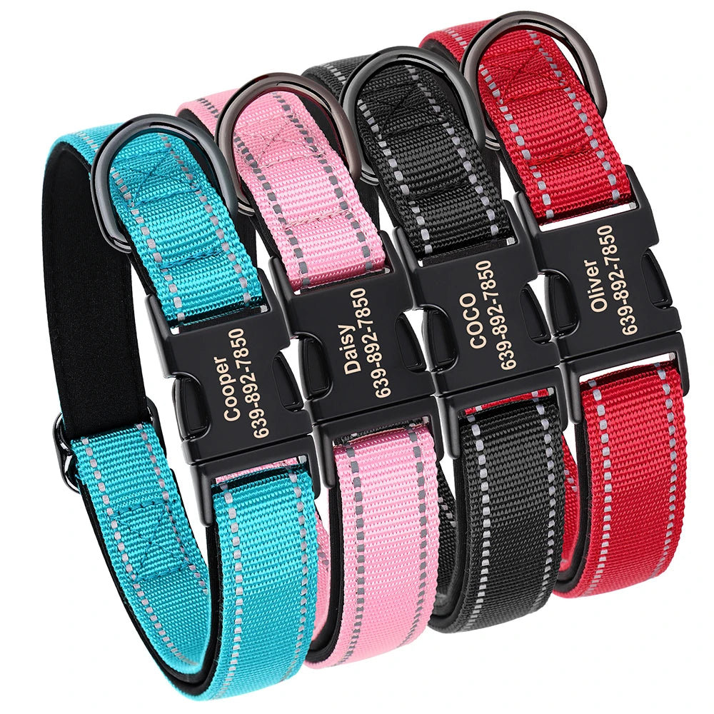 🇫🇷 Collier pour chien réfléchissant et personnalisé – Nylon gravé avec ID, rembourré et réglable pour petits, moyens et grands chiens  🇬🇧 Reflective Personalized Dog Collar – Engraved ID Nylon, Soft Padded & Adjustable for Small, Medium & Large Dogs