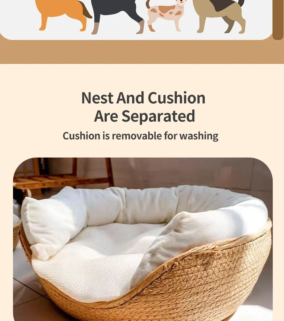 🇫🇷 Panier rond d’été en paille tressée pour chien et chat – Amovible, confortable, idéal pour un sommeil profond. 🇬🇧 Summer round straw woven bed for dogs & cats – Detachable, cozy, perfect for deep sleep.