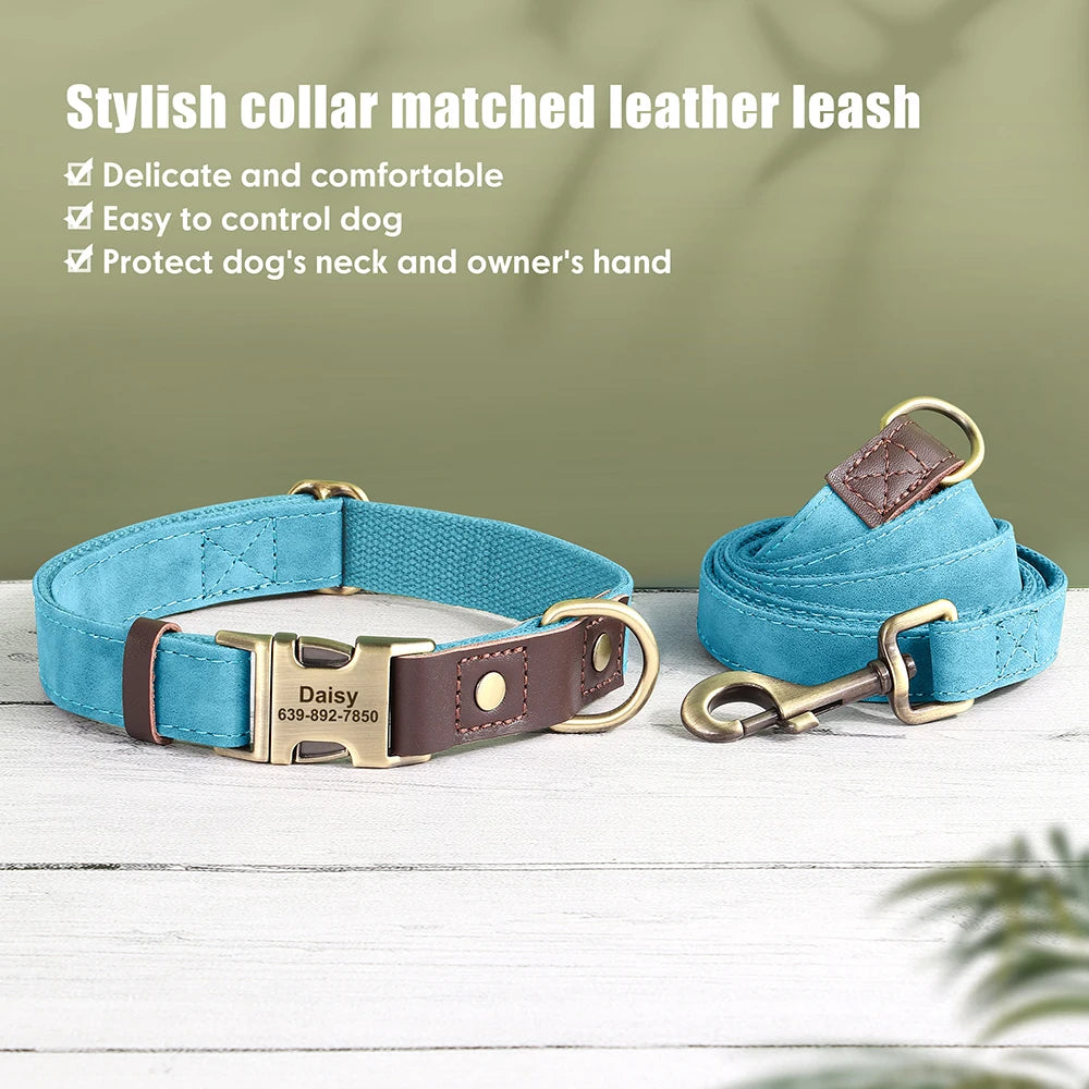 🇫🇷 Collier & laisse personnalisés en cuir PU, médaille gravée offerte. Pour petits & grands chiens (ex : carlin, labrador). 🇬🇧 PU leather custom collar & leash with free engraved tag. For small & large dogs (e.g. pug, labrador).