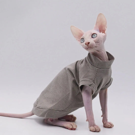 🇫🇷 Gilet en Coton pour Chat Sphynx – Rayures Marron, Manches Courtes, Vêtement Doux pour Devon Rex & Chatons (Printemps/Été) | 🇬🇧 Fashion Cotton Vest for Sphynx Cat – Brown Stripes, Short Sleeves Soft Coat for Devon Rex & Kittens (Spring/Summer)