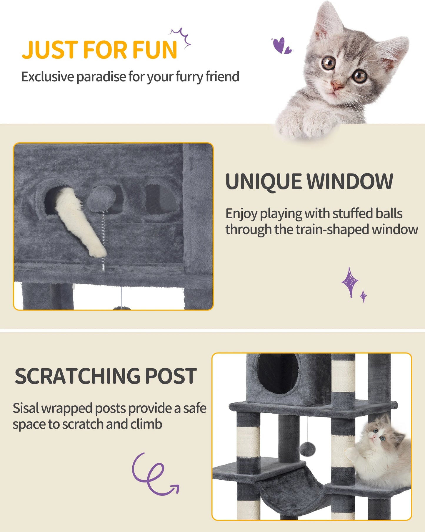 🇫🇷 Hzuaneri – Arbre à chat 170 cm : tour multi-niveaux avec griffoirs, grande plateforme & tapis lavable. 🇬🇧 Hzuaneri – 170 cm Cat Tree: multi-level scratching post with big perch & washable mat.