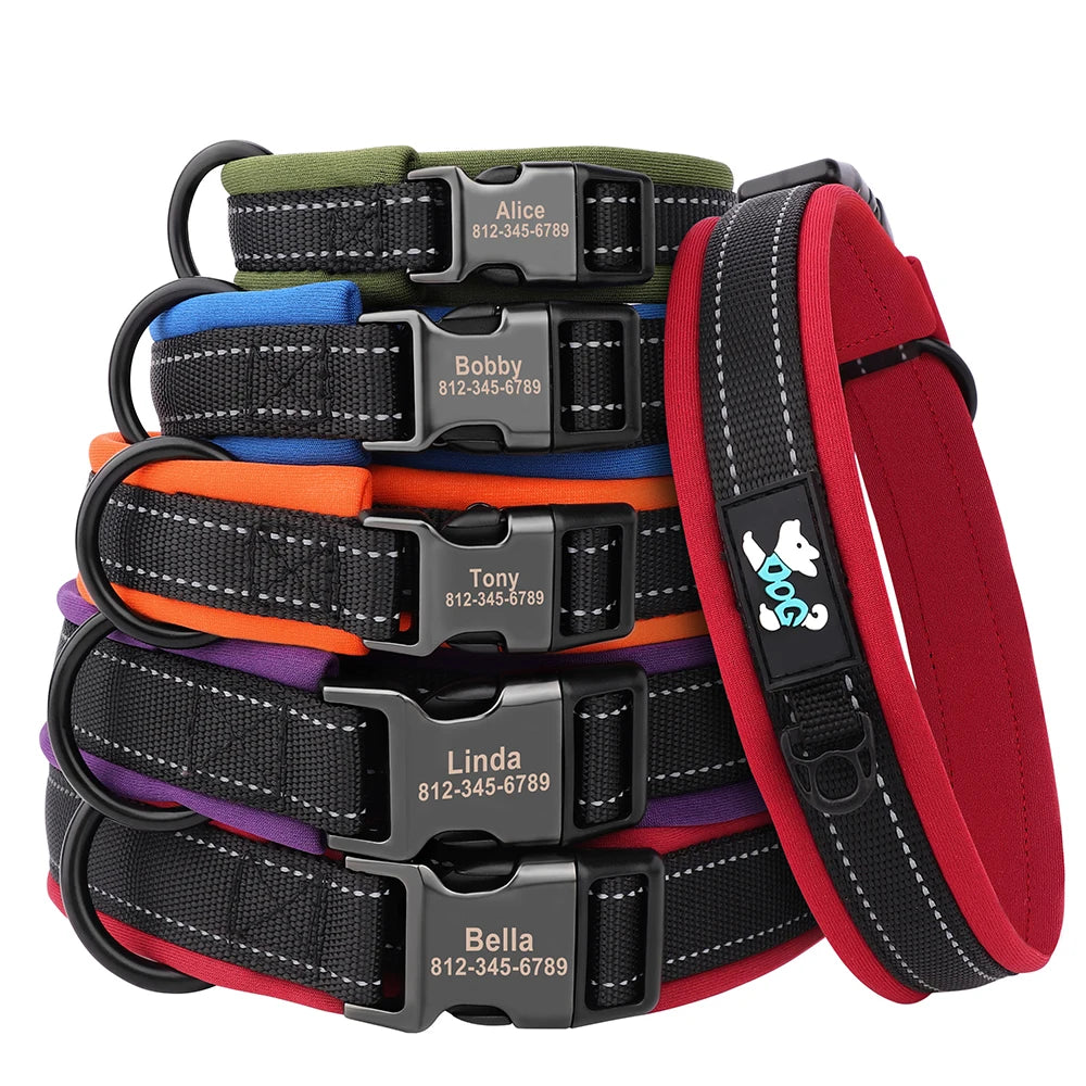 🇫🇷 Collier pour chien réfléchissant et personnalisé – Nylon gravé avec ID, rembourré et réglable pour petits, moyens et grands chiens  🇬🇧 Reflective Personalized Dog Collar – Engraved ID Nylon, Soft Padded & Adjustable for Small, Medium & Large Dogs