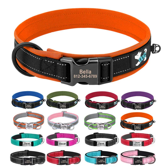 🇫🇷 Collier pour chien réfléchissant et personnalisé – Nylon gravé avec ID, rembourré et réglable pour petits, moyens et grands chiens  🇬🇧 Reflective Personalized Dog Collar – Engraved ID Nylon, Soft Padded & Adjustable for Small, Medium & Large Dogs