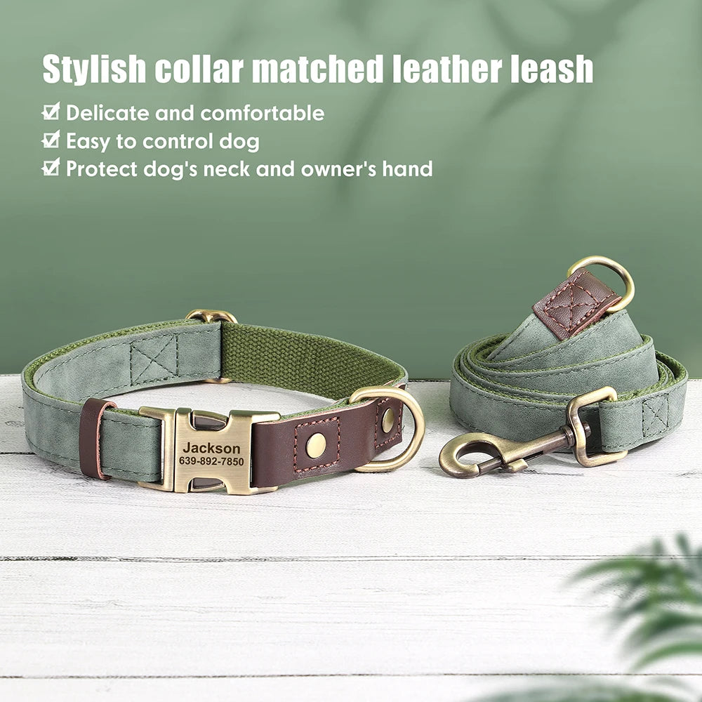🇫🇷 Collier & laisse personnalisés en cuir PU, médaille gravée offerte. Pour petits & grands chiens (ex : carlin, labrador). 🇬🇧 PU leather custom collar & leash with free engraved tag. For small & large dogs (e.g. pug, labrador).