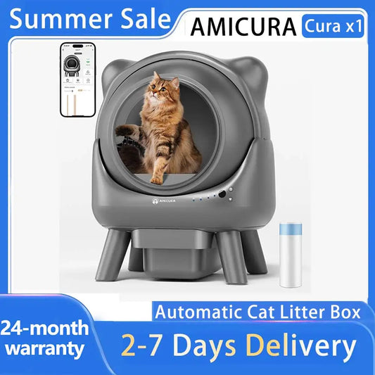 🇫🇷 Amicura Cura X1 – Litière automatique pour chat avec application, capteurs de sécurité et bac facile à nettoyer. 🇬🇧 Amicura Cura X1 – Automatic cat litter box with app control, safety sensors & easy-clean tray.