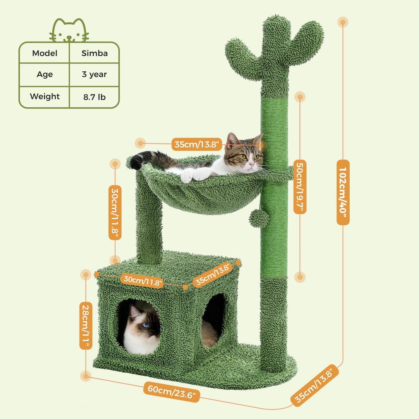 🇫🇷 Arbre à chat cactus – Avec grande niche, hamac, balle suspendue et poteaux à griffer, idéal pour chats d’intérieur  🇬🇧 Cactus Cat Tree – Large condo, hammock, dangling ball & scratching posts for indoor cats